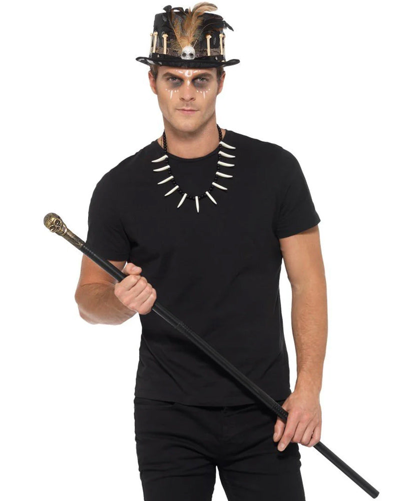 Voodoo Feather Top Hat Detachable Skull Cane and Bone Necklace Set