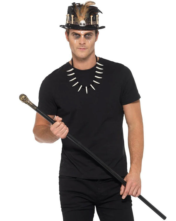 Voodoo Feather Top Hat Detachable Skull Cane and Bone Necklace Set