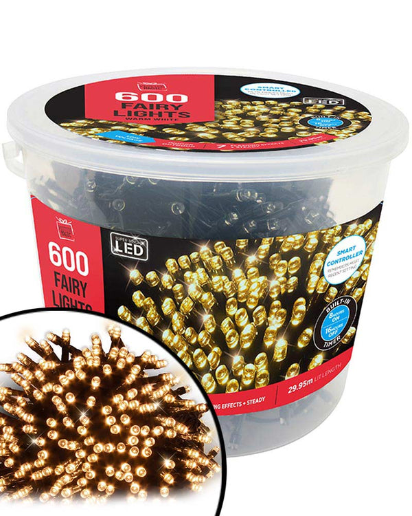 Timer Warm White 600 Piece LED Christmas Fairy Lights 30m