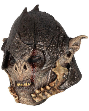 Detailed orc warrior mask wearing helmet with textured surface and prominent features on a white background