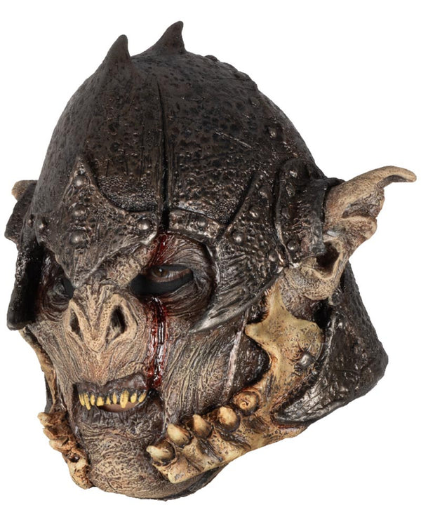 Detailed orc warrior mask wearing helmet with textured surface and prominent features on a white background