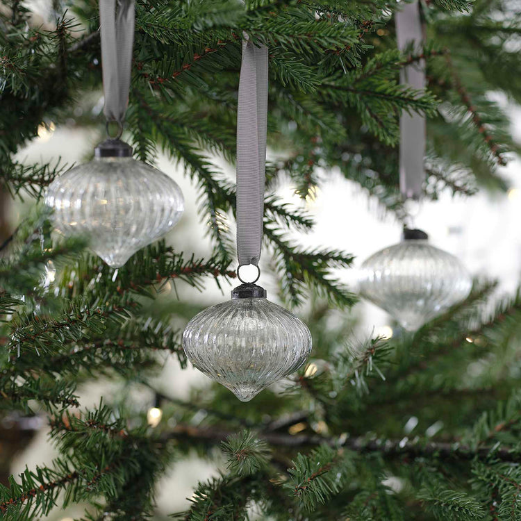 White Christmas Ribbed Glass Tree Decorations Pack of 3
