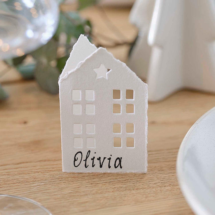 White Christmas Cotton Paper House Place Cards Pack of 6