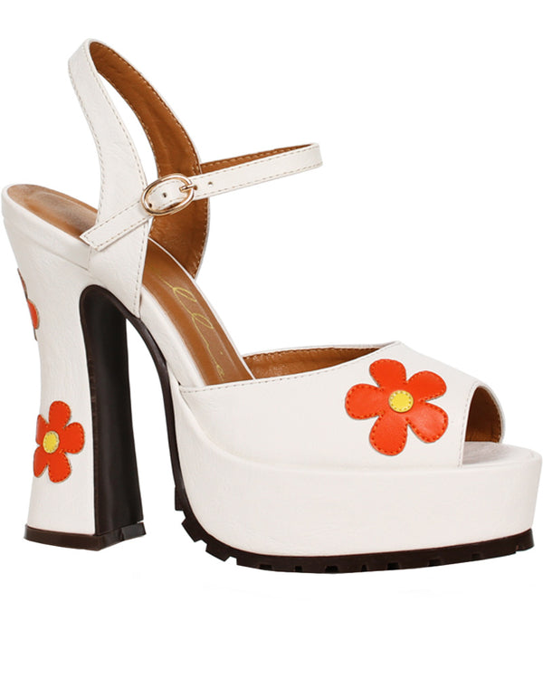 70s White Daisy Chunky Heel With Ankle Strap Womens Shoes