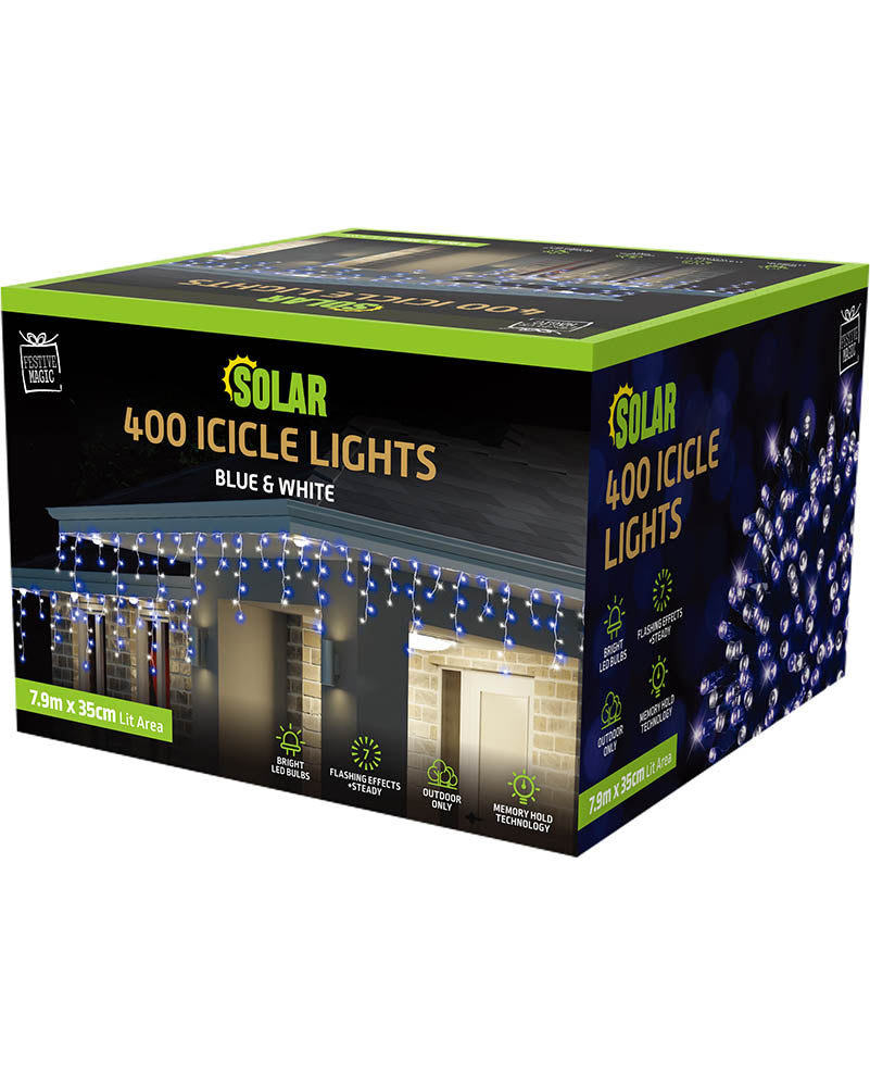White and Blue Icicle Lights 400 Piece LED Solar Lights