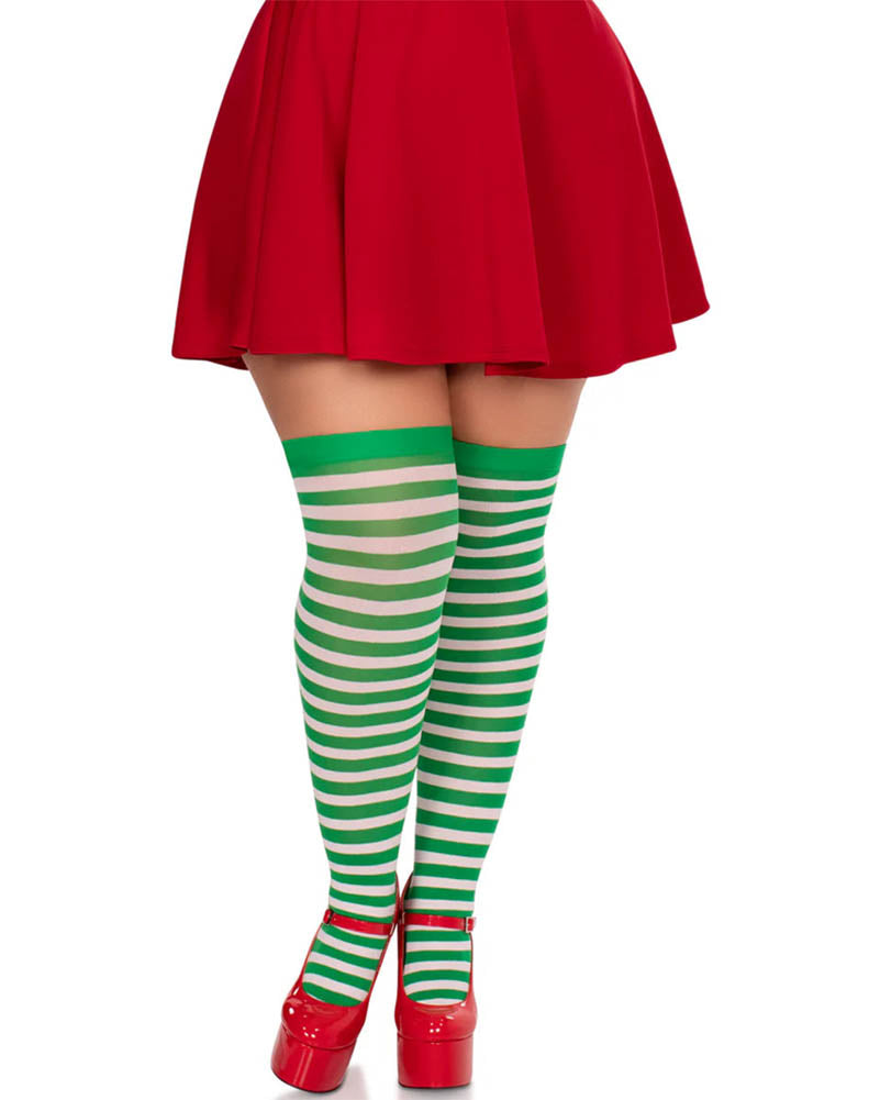 White and Green Stripe Plus Size Thigh High Tights