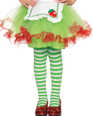 White and Kelly Green Striped Girls Tights