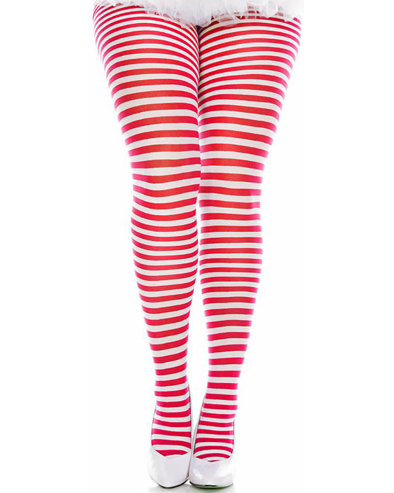 White and Red Opaque Striped Plus Size Tights