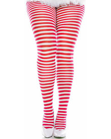 White and Red Opaque Striped Plus Size Tights