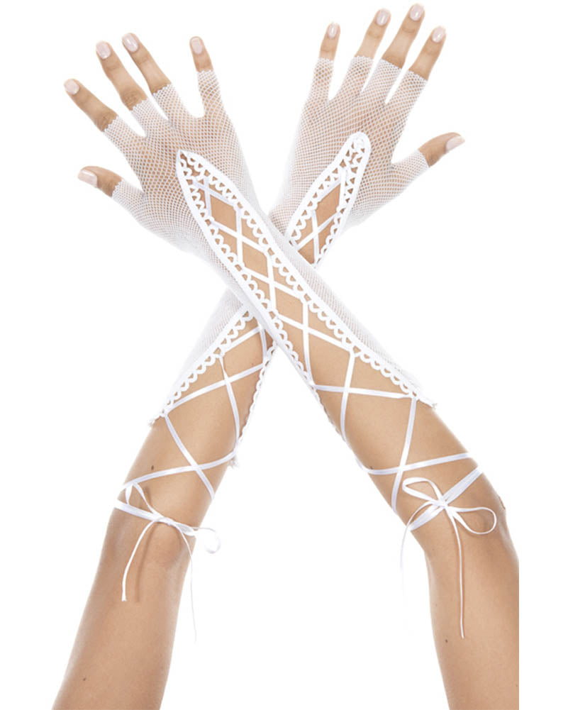 White Fishnet Elbow Length Lace Up Gloves