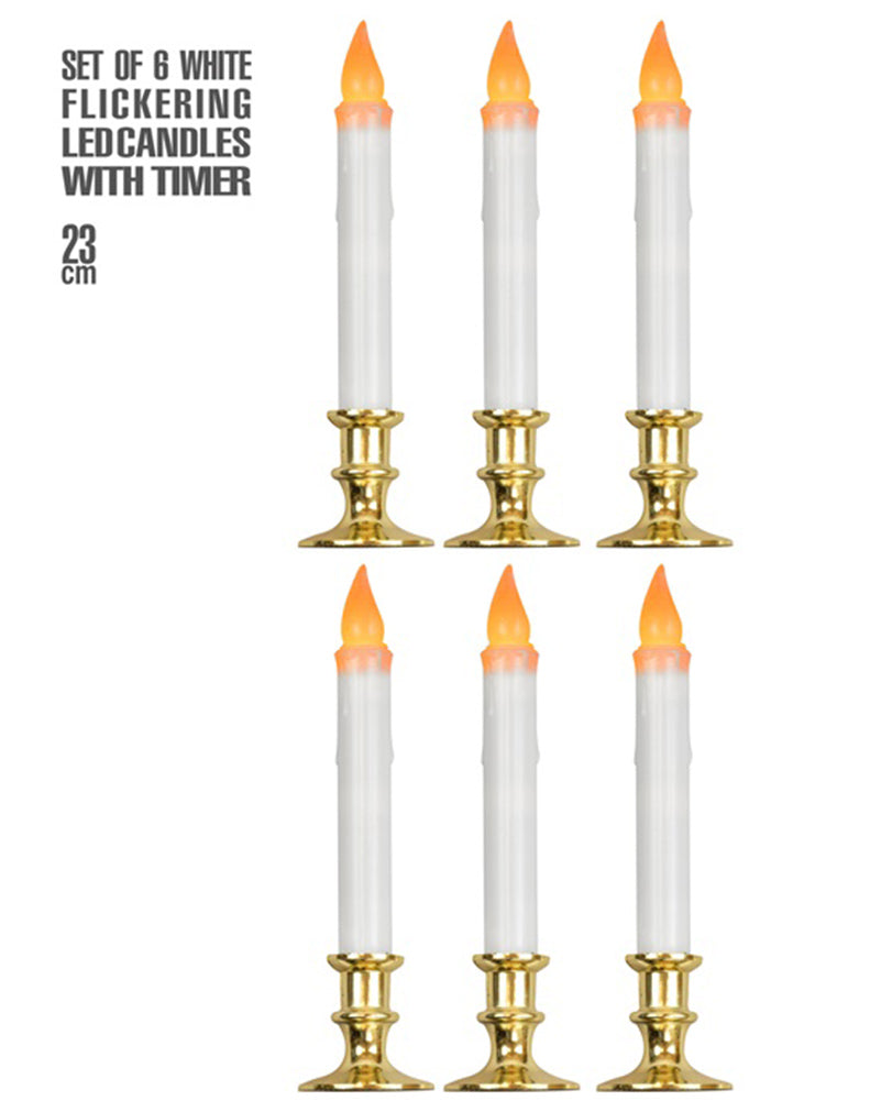 White Flickering LED Candles With Timer 23cm