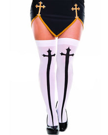 White Opaque Gothic Cross Plus Size Thigh High Stockings