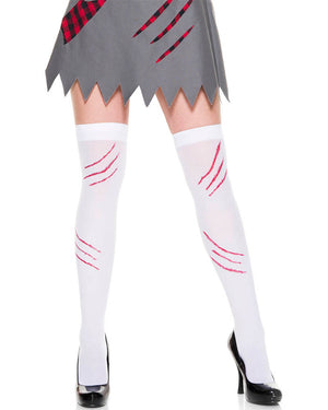 White Opaque Thigh High Stockings with Blood Claw Scratch