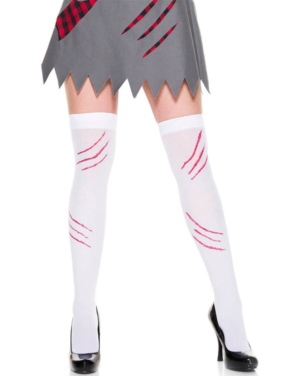 White Opaque Thigh High Stockings with Blood Claw Scratch