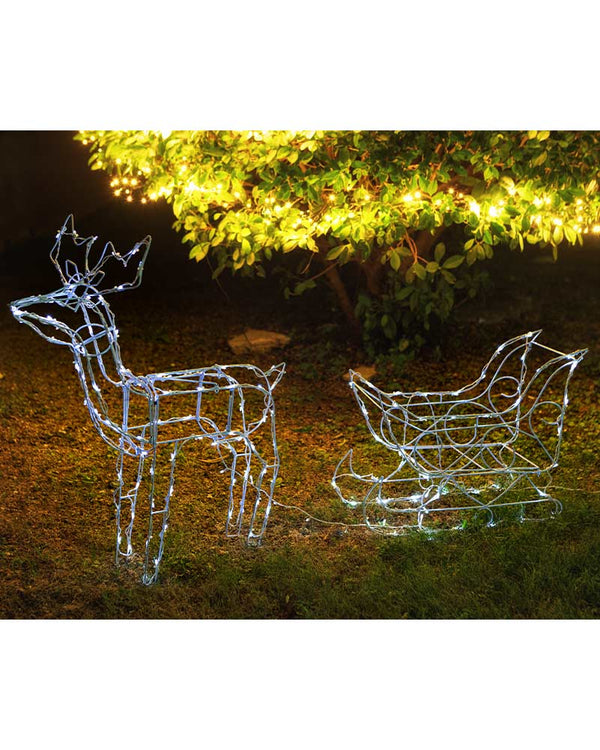 White Solar Christmas LED Sleigh With Reindeer 160L