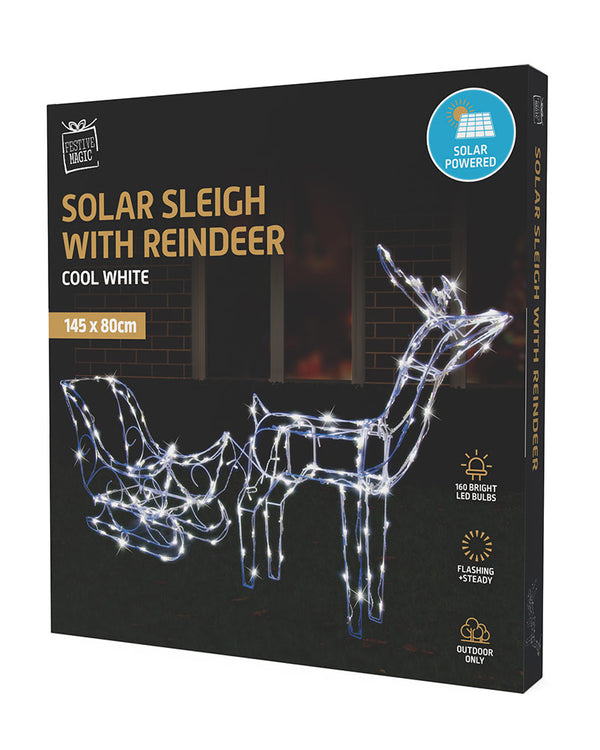 White Solar Christmas LED Sleigh With Reindeer 160L