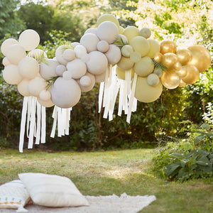 Wild Jungle Balloon Backdrop Balloon Arch with Streamers & Leaves Green Cream Grey & Gold Chrome Pack of 83