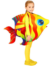 Child wearing a colorful fish costume on a white background