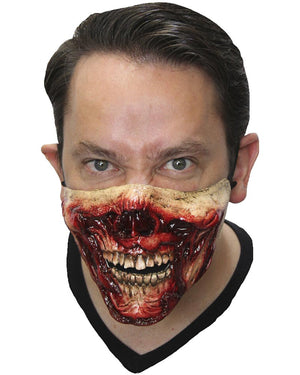 Person wearing a bloodied zombie half mask on white background