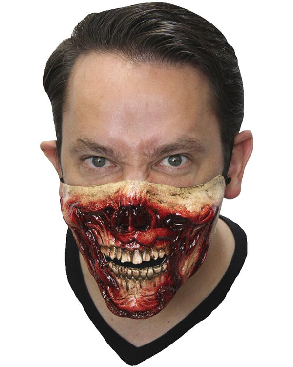 Person wearing a bloodied zombie half mask on white background