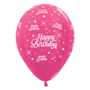 Sempertex 30cm Happy Birthday Twinkling Stars Metallic Fuchsia Latex Balloons, 6PK Pack of 6