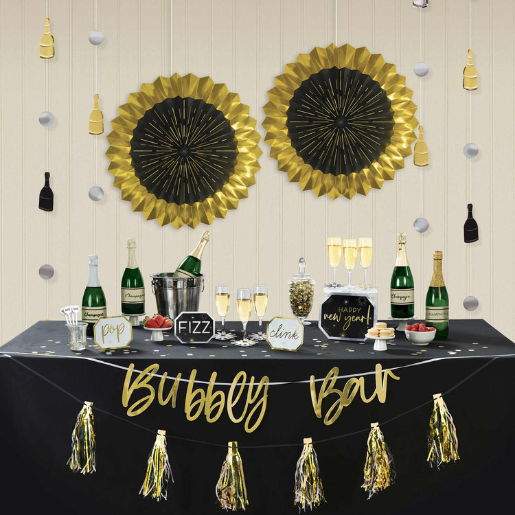 Happy New Year Bubbly Bar Decorating Kit Black Silver & Gold