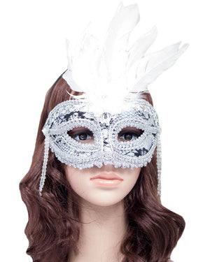 Silver Masquerade Mask with White Feather