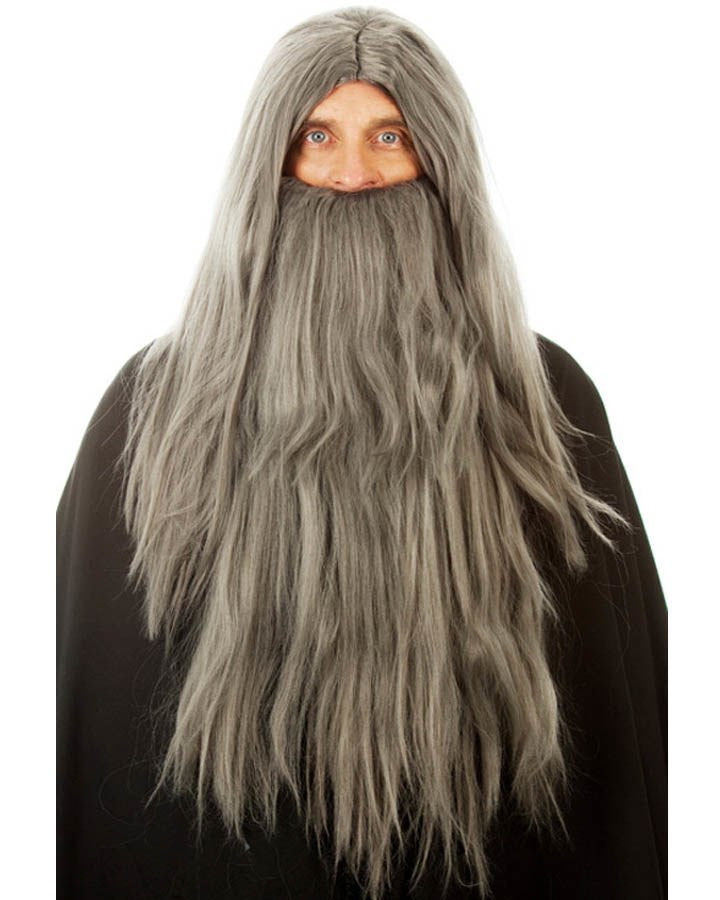 Image of man wearing long grey wizard beard and wig.