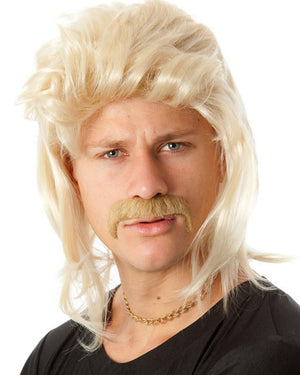 Image of man wearing blonde 80s style mullet and moustache.