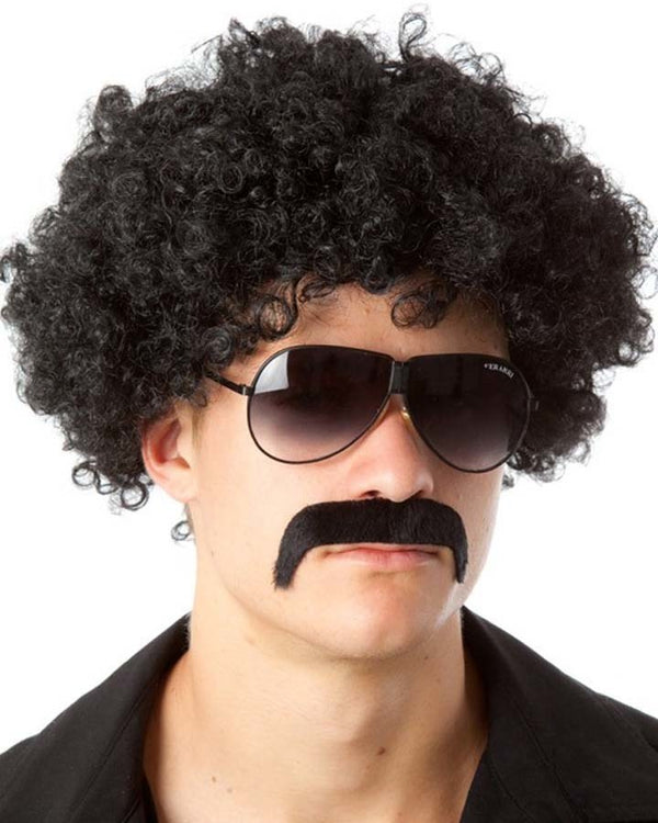 Image of man wearing black 70s style afro and moustache as well as black sunglasses.