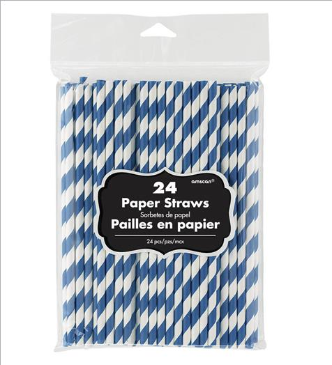 Bright Royal Blue Striped Paper Straws Pack of 24