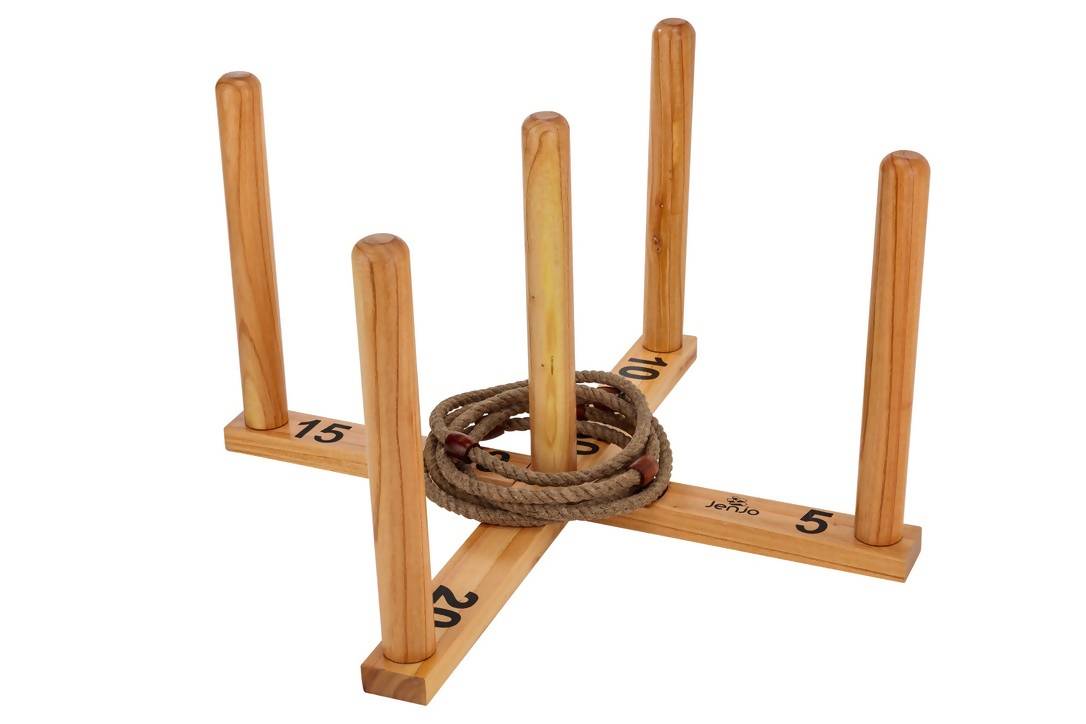 Mega Quoits Wooden Rope Ring Toss Outdoor Game Set 100cm with 4 Rings