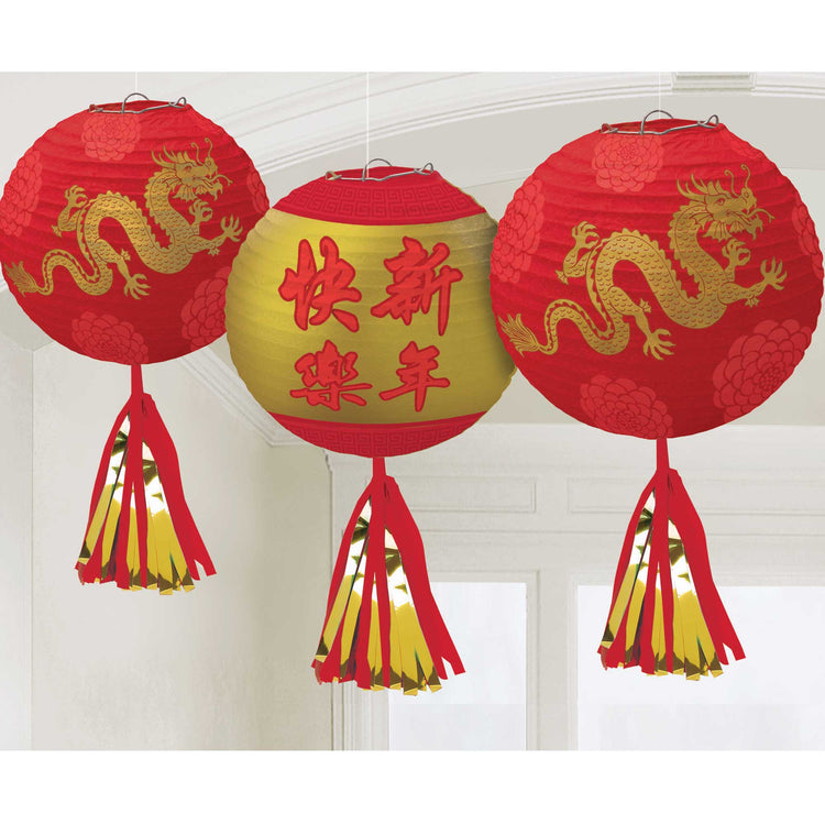 Chinese New Year Deluxe Paper Lanterns and Tassels Foil Hot Stamped Pack of 3
