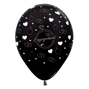Sempertex 30cm Engagement Diamond Rings & Hearts Metallic Black Latex Balloons 6PK Pack of 6
