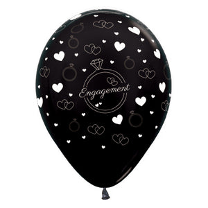 Sempertex 30cm Engagement Diamond Rings & Hearts Metallic Black Latex Balloons, 6PK Pack of 6