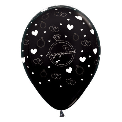 Sempertex 30cm Engagement Diamond Rings & Hearts Metallic Black Latex Balloons 6PK Pack of 6