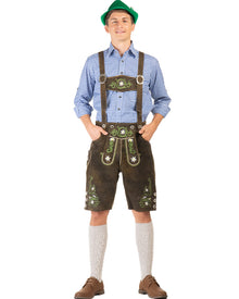 Image of man wearing Oktoberfest shirt, hat and dark brown leather lederhosen. 