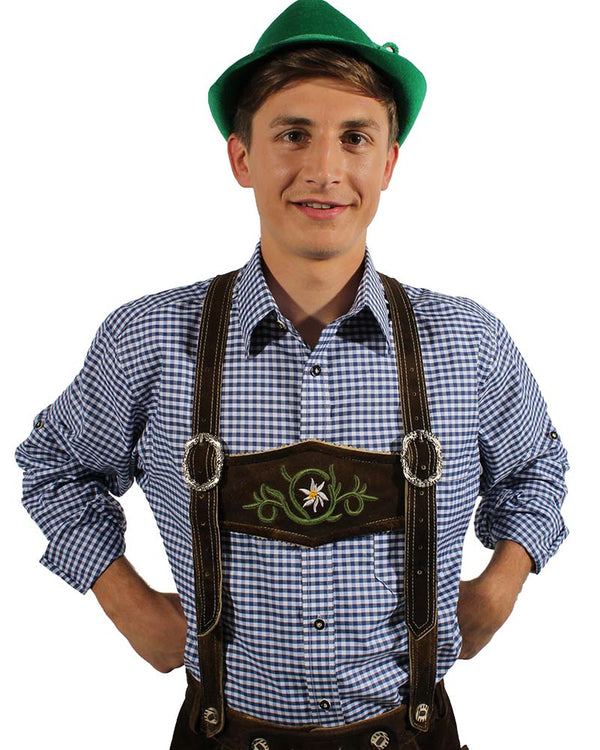 Image of man wearing brown leather lederhosen, green hat and blue check Oktoberfest shirt. 