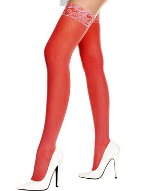 Red Sheer Lace Trim Plus Size Thigh High Stay Ups
