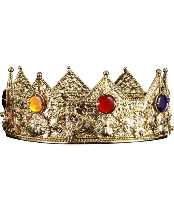 Image of gold kings crown with faux gems. 