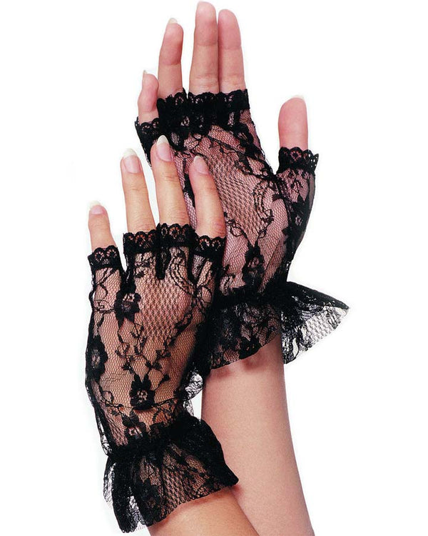 80s Black Wrist Length Fingerless Lace Gloves