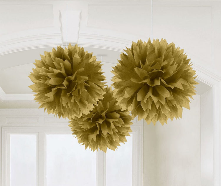 Gold Fluffy Tissue Hanging Decoration Pack of 3