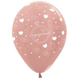Sempertex 30cm Engagement Diamond Rings & Hearts Metallic Rose Gold Latex Balloons 6PK Pack of 6