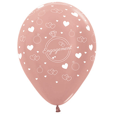 Sempertex 30cm Engagement Diamond Rings & Hearts Metallic Rose Gold Latex Balloons 6PK Pack of 6