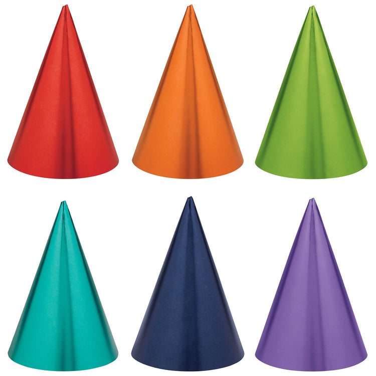 Party Cone Hats Foil Rainbow Colours Pack of 12