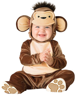 Image of baby wearing brown monkey jumpsuit.