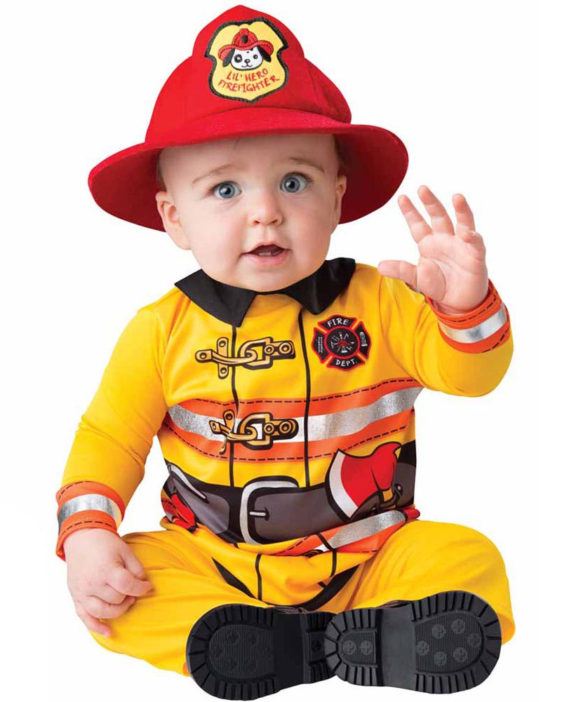 Image of baby wearing yellow firefighter costume with red hat.