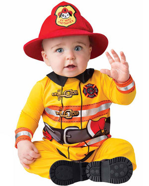 Image of baby wearing yellow firefighter costume with red hat.