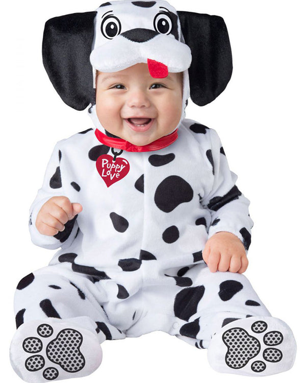 Image of baby wearing black and white Dalmatian jumpsuit.