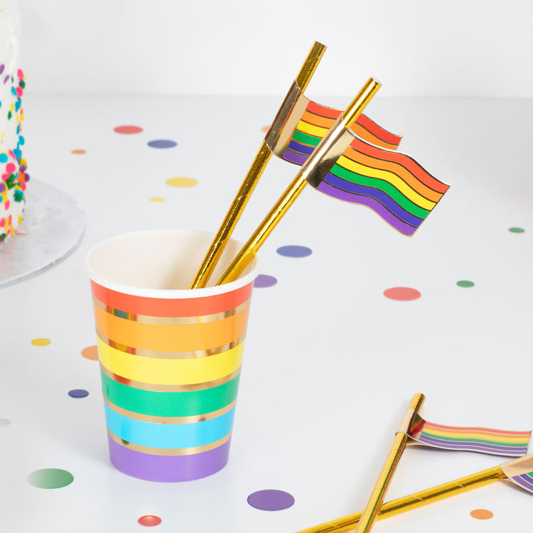 Rainbow Gold Foiled Flag Straws Pack of 16